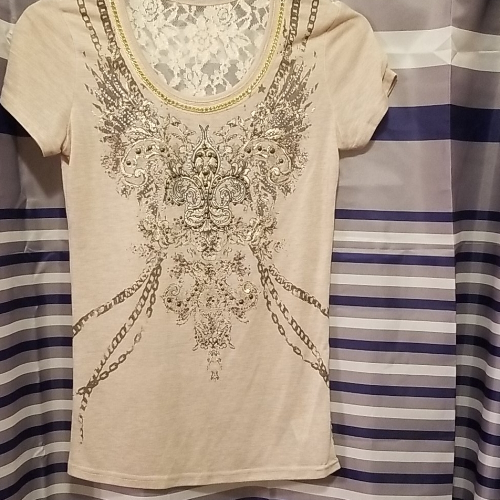 Beige Lace-Back Embellished Scoop Neck Top